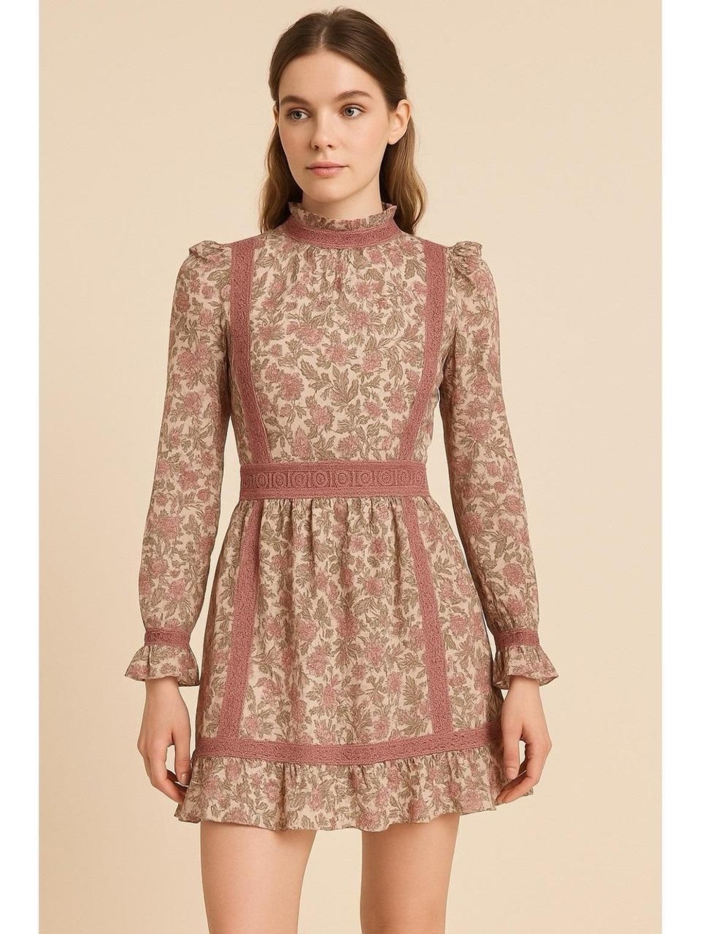 NWT Topshop Floral Lace-Trim Long Sleeve Dress in Mauve and Cream